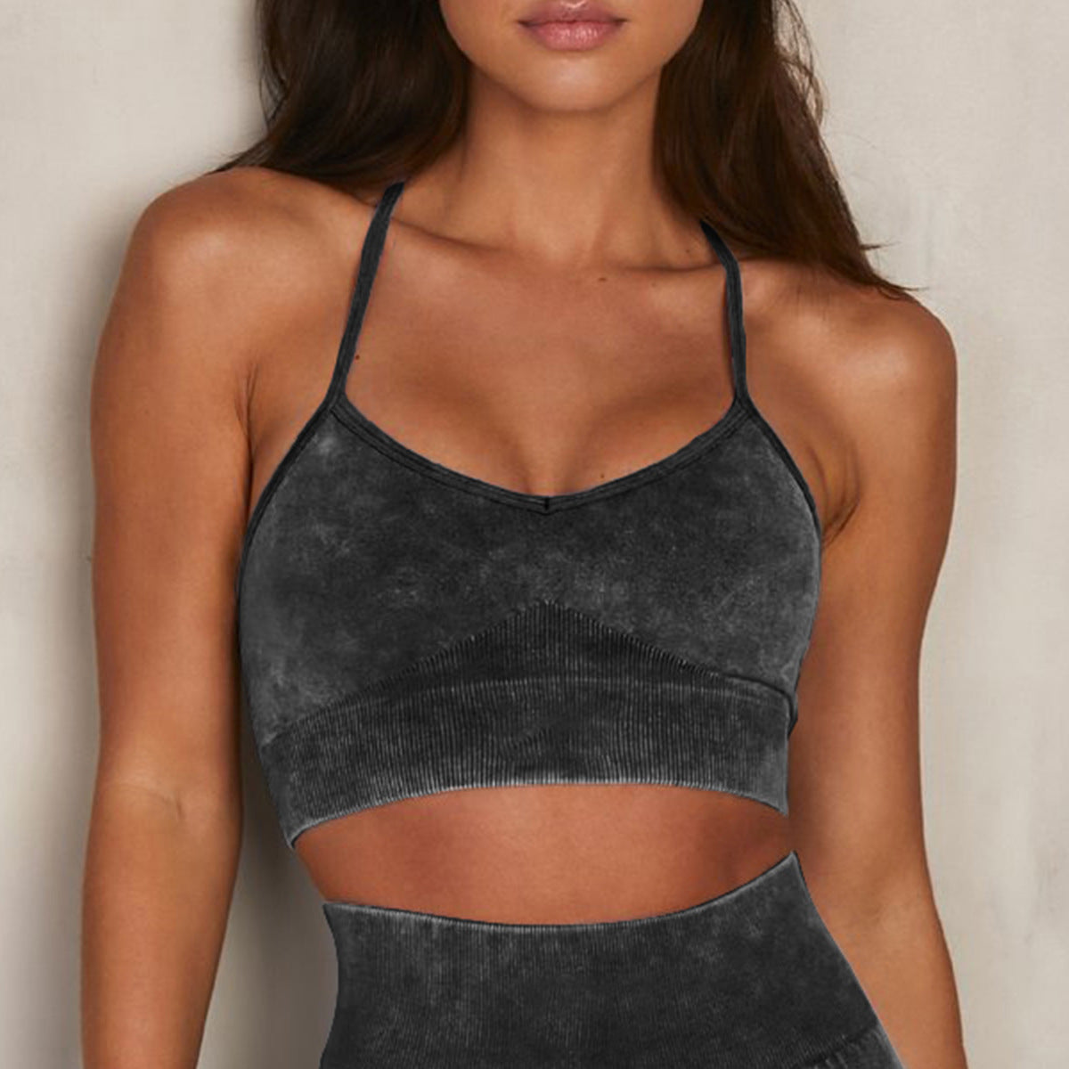 Nahtloser, stonewashed Sport-BH mit Shorts, Trainingsanzug, Lauf-Body, eng anliegend, fünfteiliges Set