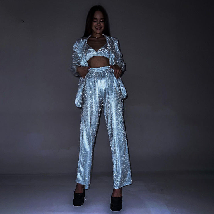 Women Clothing Glitter Three Piece Set Sexy Party Long Sleeve Suit Top High Waist Trousers Suit