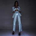 Women Clothing Glitter Three Piece Set Sexy Party Long Sleeve Suit Top High Waist Trousers Suit