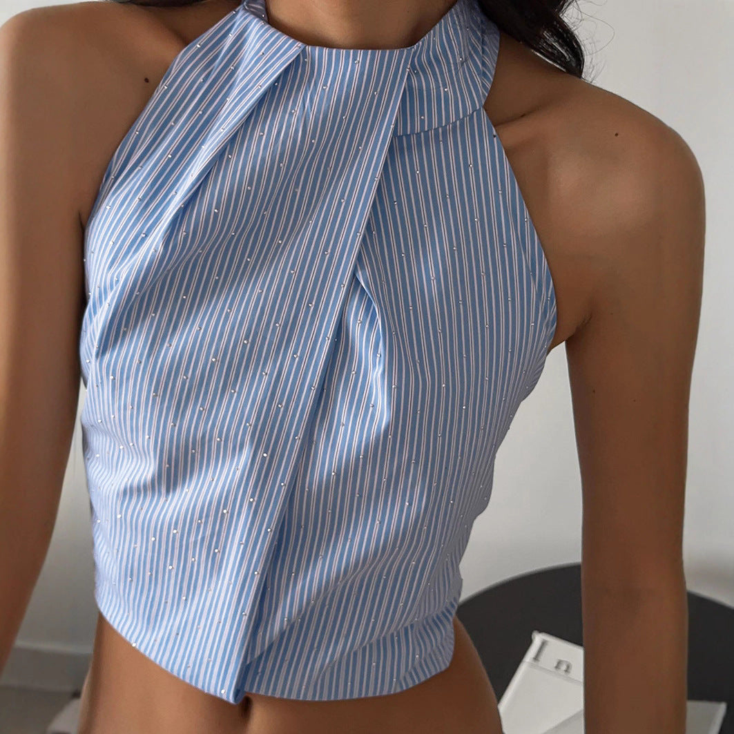 Sexy Short Jacquard Halter Backless Striped Spaghetti Straps Summer Vest for Women