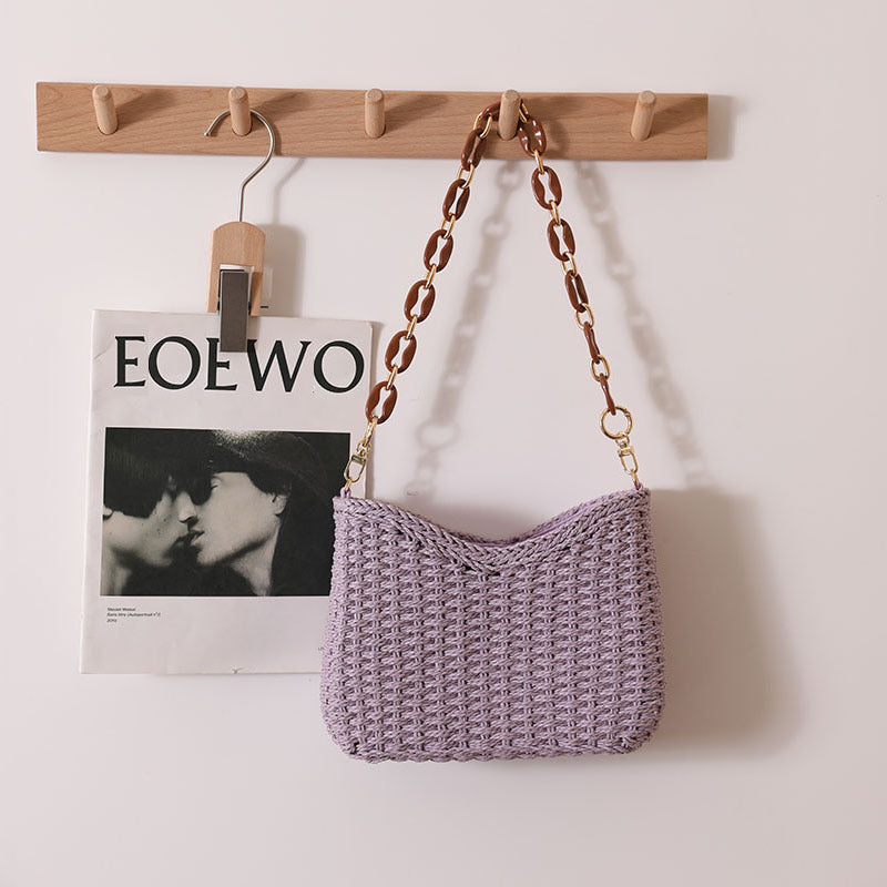 Frische lila Strohtasche Gewebte Tasche Damen Tasche Schulter Einfarbig Strohtasche Urlaub Strandtasche