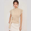 Simple Half Turtleneck Collar Short Sleeve Creamy white Fabric Waist Tight Matching Button Women Top