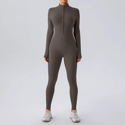 Zipper Nude Feel Long Sleeve Yoga Jumpsuit Women Sports Fitness Training Dance One Piece Bodysuit by Wanita Store