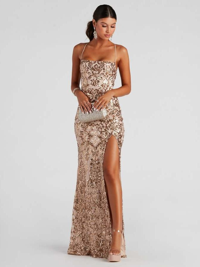 Elegantes, schulterfreies, paillettenbesetztes Abendkleid mit Schlitz (3 Farben)