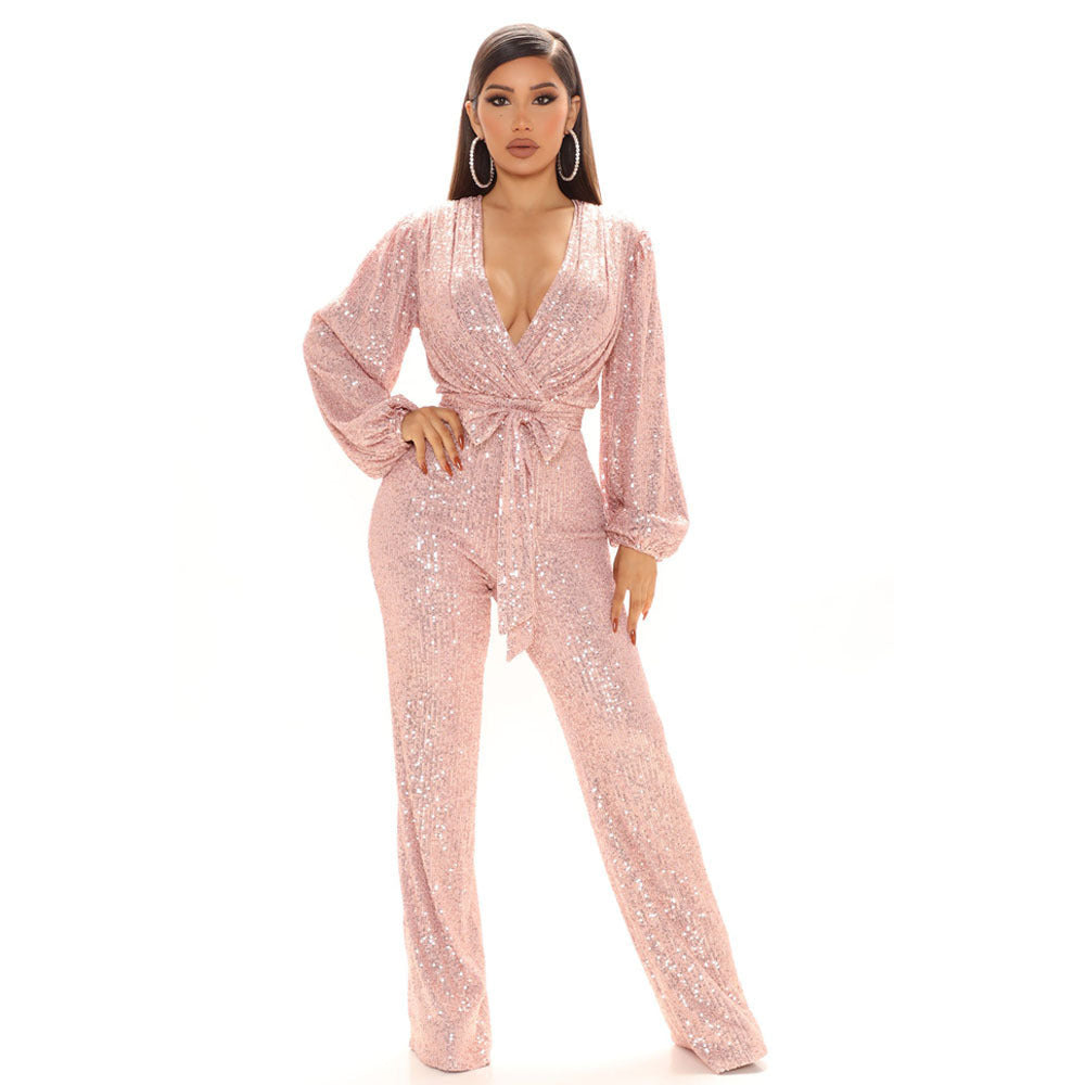 Herbst High-End Damen Jumpsuit mit Pailletten, tiefem V-Ausschnitt und langen Ärmeln, Overall-Hose