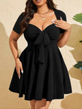 Black Women Wear Elegant Pinch Pleated V neck Lace up Short Sleeve A line Short Dress