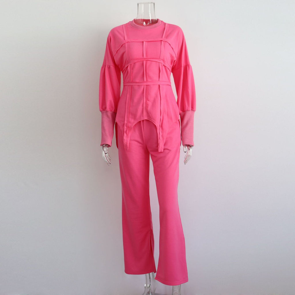 Einfarbige Kapuzenpullover-Sets Rundhals-Pullover-Oberteil Geteilte gerade Hose Lässige zweiteilige Sets