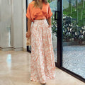 Fashion V neck Short Shirt Top Suit Printed Office Wide Leg Pants Women Clothing