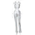 Metallic Coated Fabric Women Clothing Winter Solid Color Faux Leather Sexy Cutout Backless Slim Fit Sling Jumpsuit