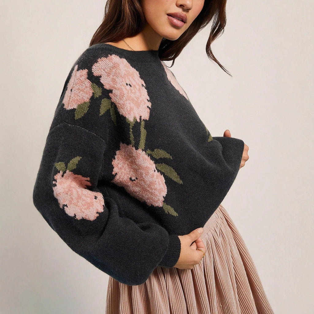 Herbst Winter Pullover Untätig Einfach Pflanzlich Blumen Rundhals Locker Strickware