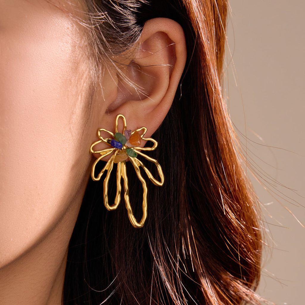 Niche High Grade Women Stainless Steel Hollow Out Cutout out Petals Inlaid Colorful Natural Stone Retro Titanium Steel Earrings