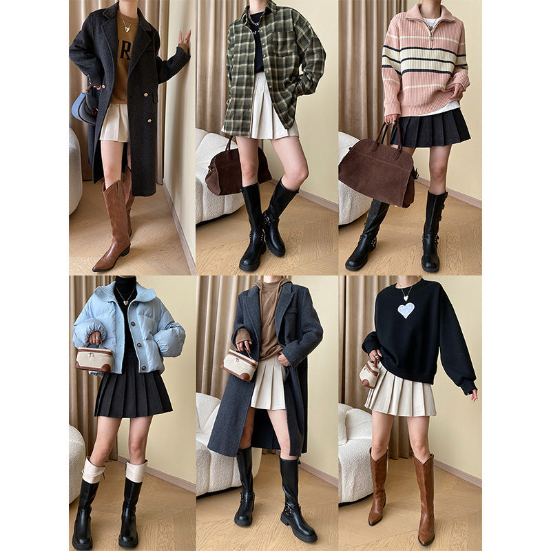 Herbst Winter Modisches Item Wollrock Dick Büro Hohe Taille A-Linien-Rock Faltenrock