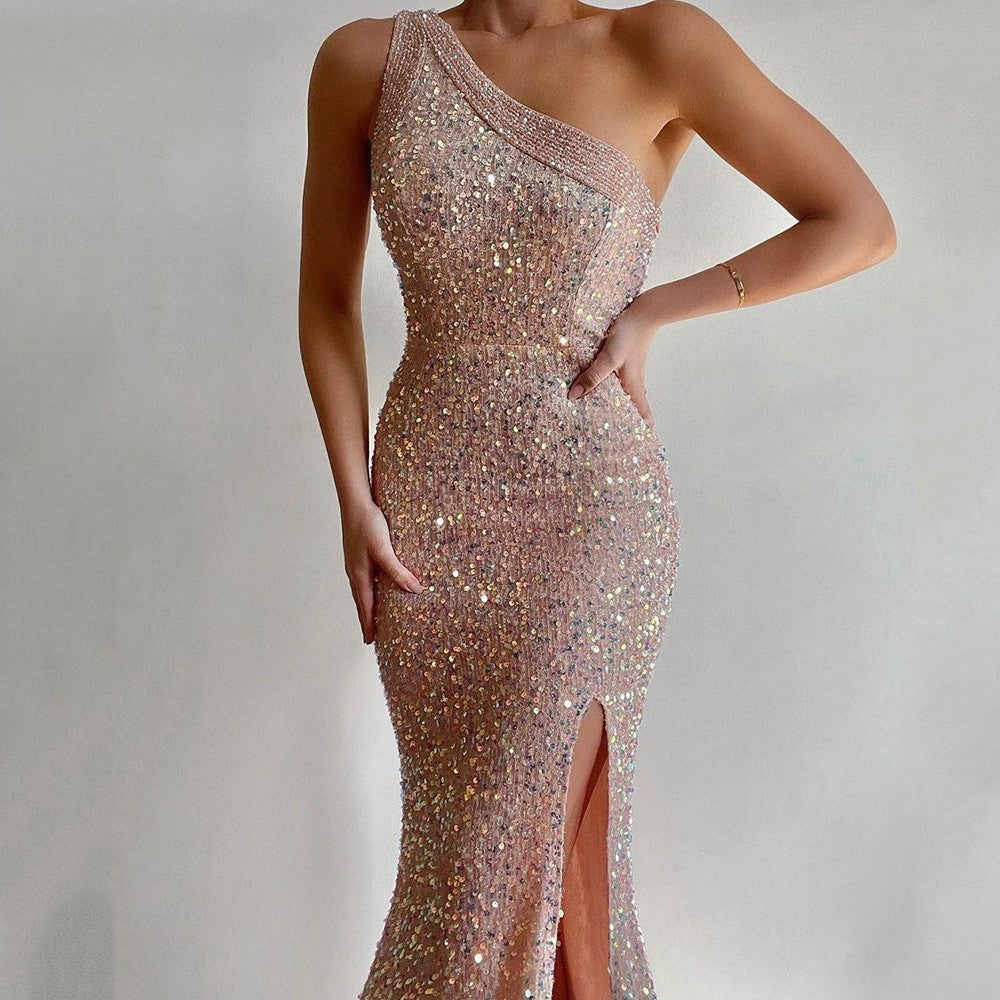 Damenbekleidung Pinkes Schlitzkleid One Shoulder Paillettenkleid
