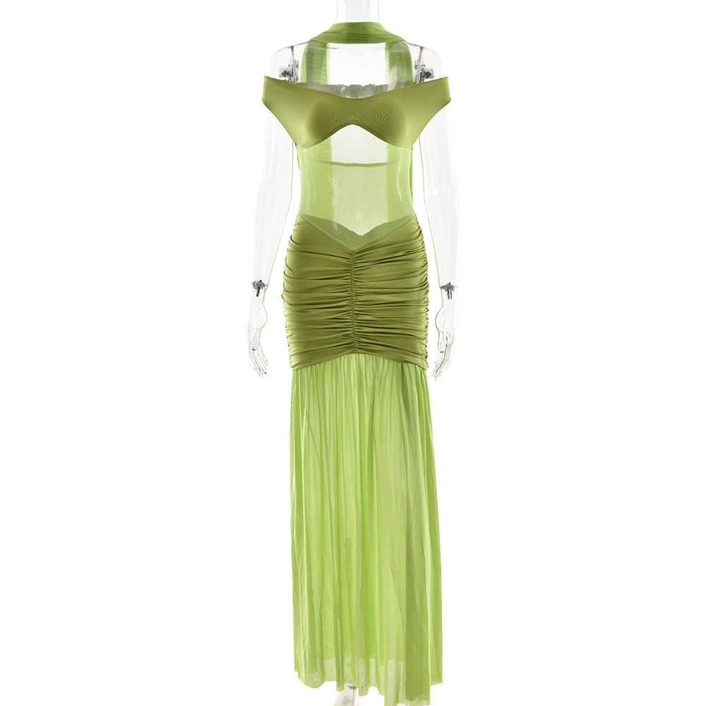 Sommer Sexy Tube-Top Rückenfreies Kleid Mesh Plissiertes Schlitzkleid