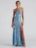 Sommer-Glitzerkleid mit Pailletten, Neckholder, schmal geschnittenes Abendkleid