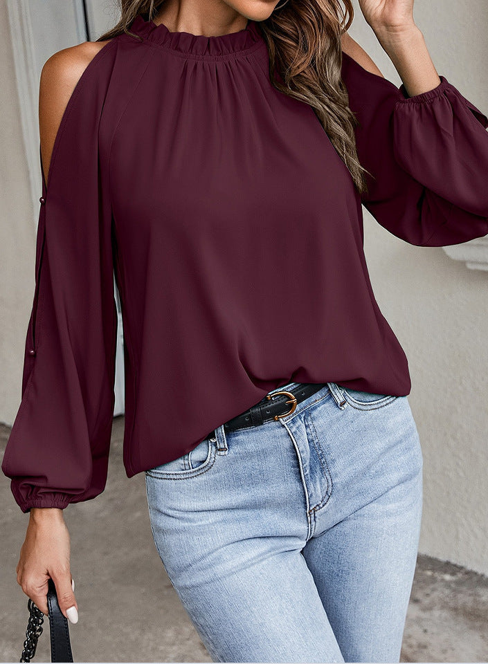 Herbst Winter Damen Einfarbig Lotusblatt Rundhals Langarm Plissierte Off-Shoulder Bluse