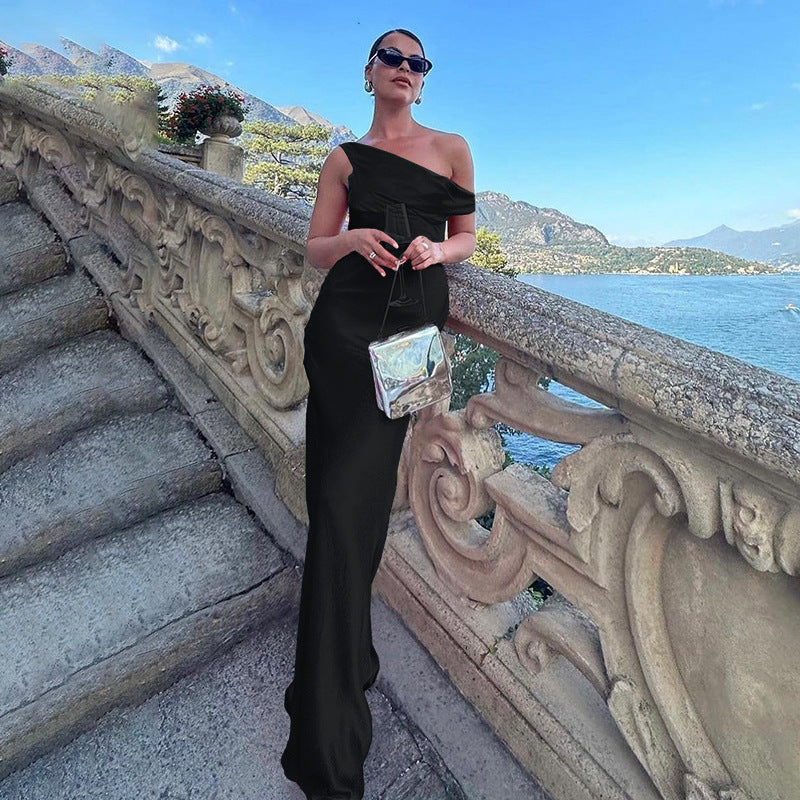 Kleid elegant sexy einfarbig Träger Satin Urlaub lang Sommer