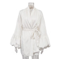 Women Clothing Striped Loose Casual Dress V neck Puff Sleeve Lace up Satin Drape A line Dress