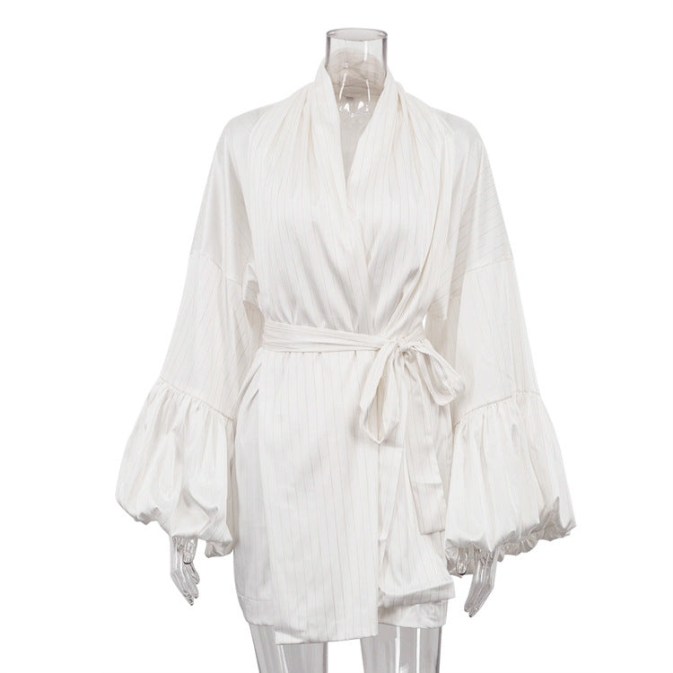 Women Clothing Striped Loose Casual Dress V neck Puff Sleeve Lace up Satin Drape A line Dress