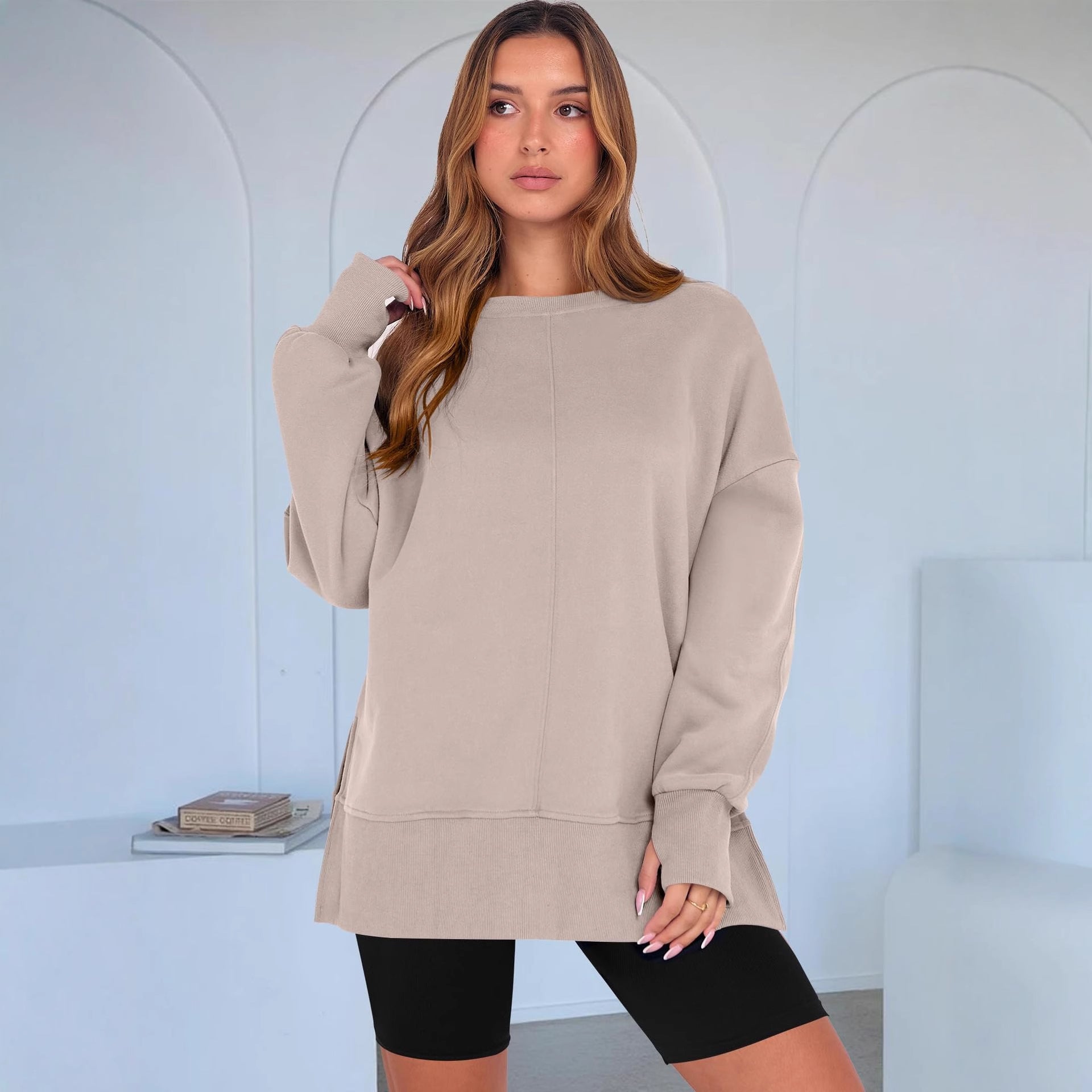 Freizeitpullover mit Rundhalsausschnitt, einfarbig, locker sitzend, sportlich, langärmelig, Oberteil