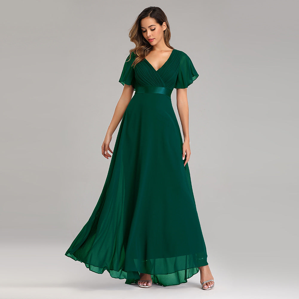 Handgefaltetes großes V-Ausschnitt Chiffonkleid mit Gummizug für Damen, Bankett, Brautjungfern, Abendkleid