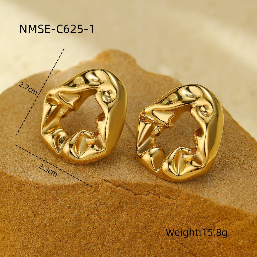 Retro Minimalist Irregular Asymmetric Lava Pleated Titanium Steel Earrings Minority Design Frosty Stud Earrings Earrings