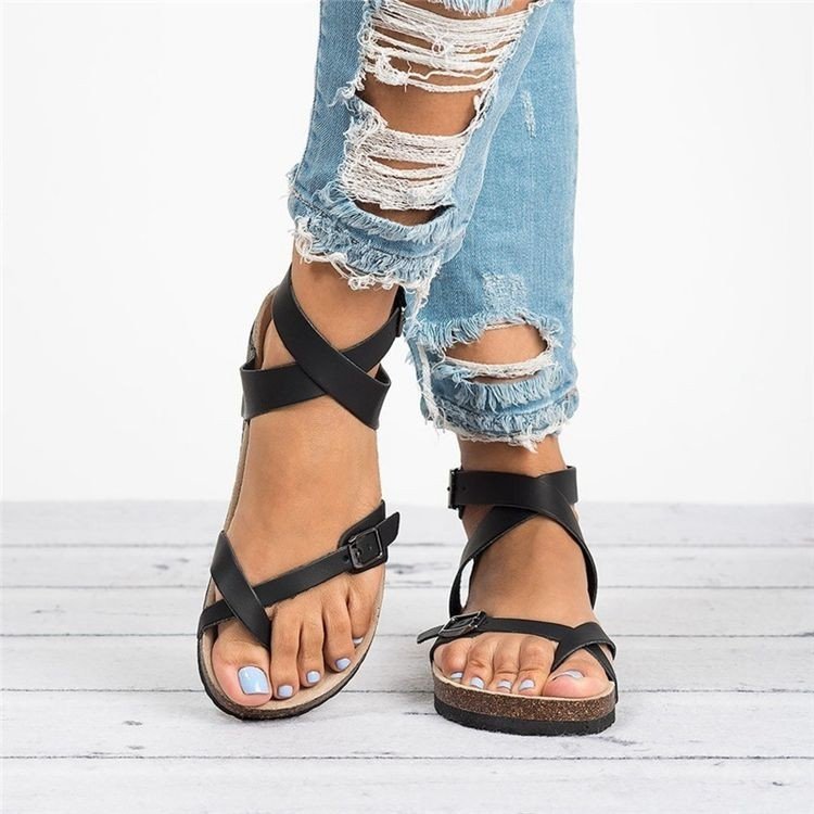 Sommer Damen Sandalen Korksohle Römische Zehenabdeckung Gürtelschnalle Riemen Wickelsandalen Übergröße