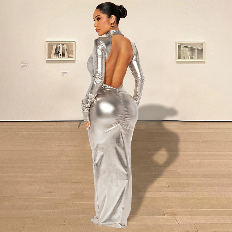 Herbst Winter Metallic Sexy Rückenfreies Eng Anliegendes Schlankes Kleid Damen Metallic Beschichtetes Stoffkleid