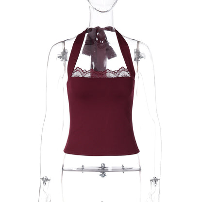 French Sexy Vest Women Summer Stitched Backless Lace up All Match Top