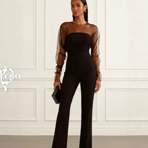 Women Sexy Tube Top Mesh Stitching Slim Fit Hip Raise Jumpsuit Trousers