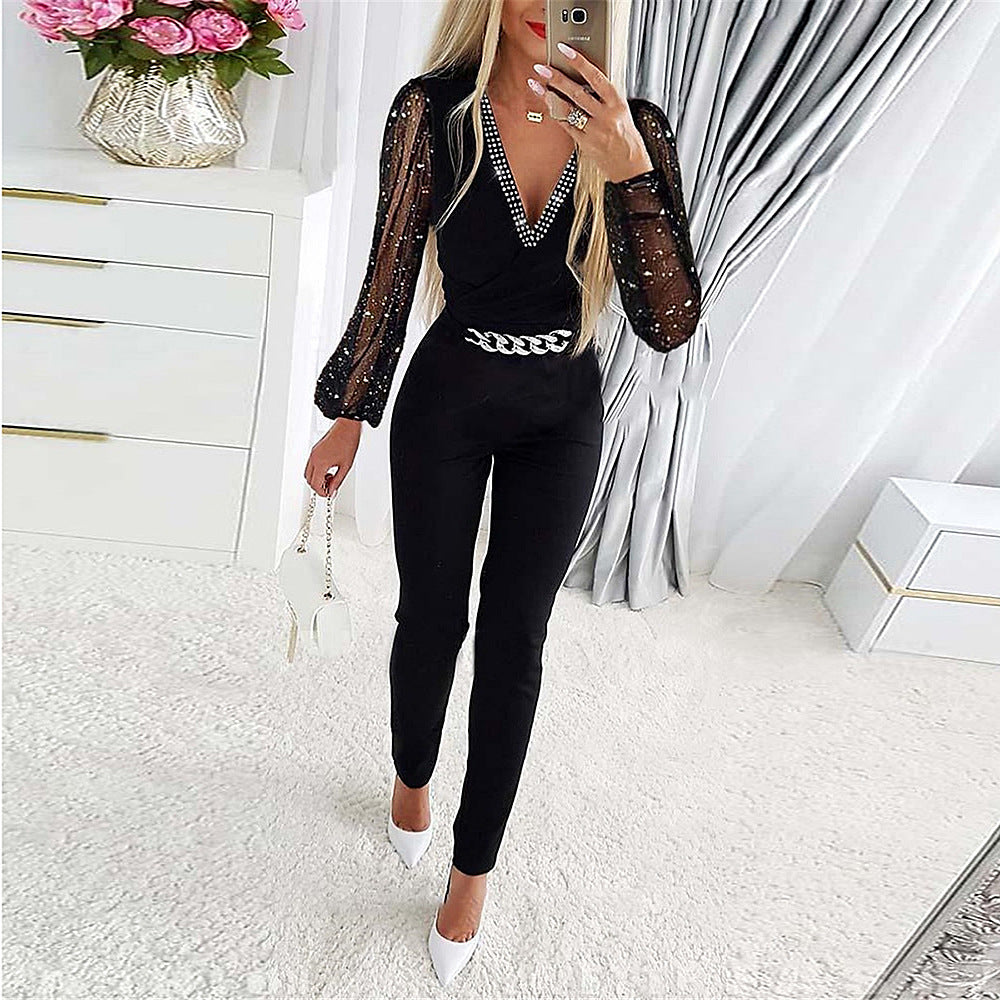 Herbst Damenbekleidung, einfarbig, V-Ausschnitt, Langarm, Strass, hohe Taille, professioneller Freizeit-Jumpsuit