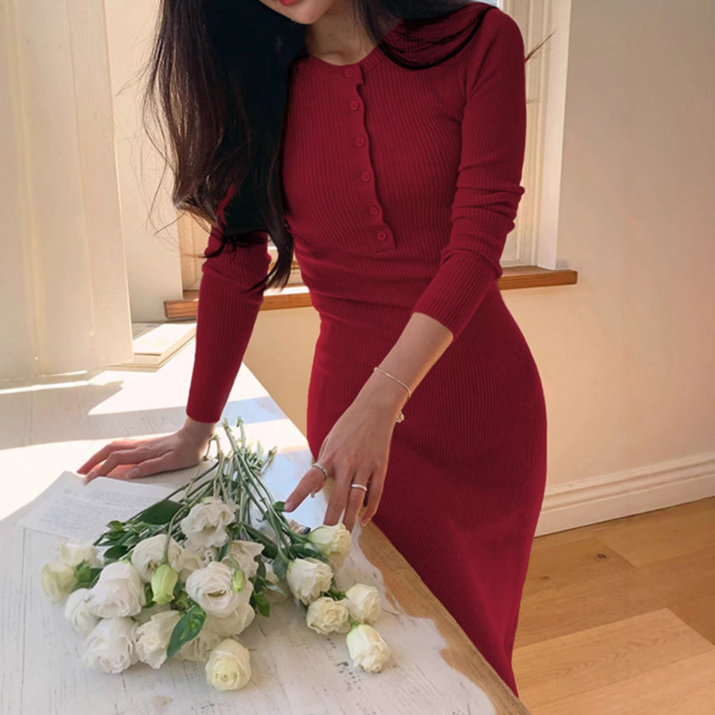 Autumn Winter Knitted Dress Women Skinny Hip Overcoat Inner Wear Elegant Slim Fit Maxi Dress