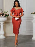 Rundhals Perlenbesetztes Rüschenkleid Cocktail High Waist Schmal Geschnittenes Etuikleid