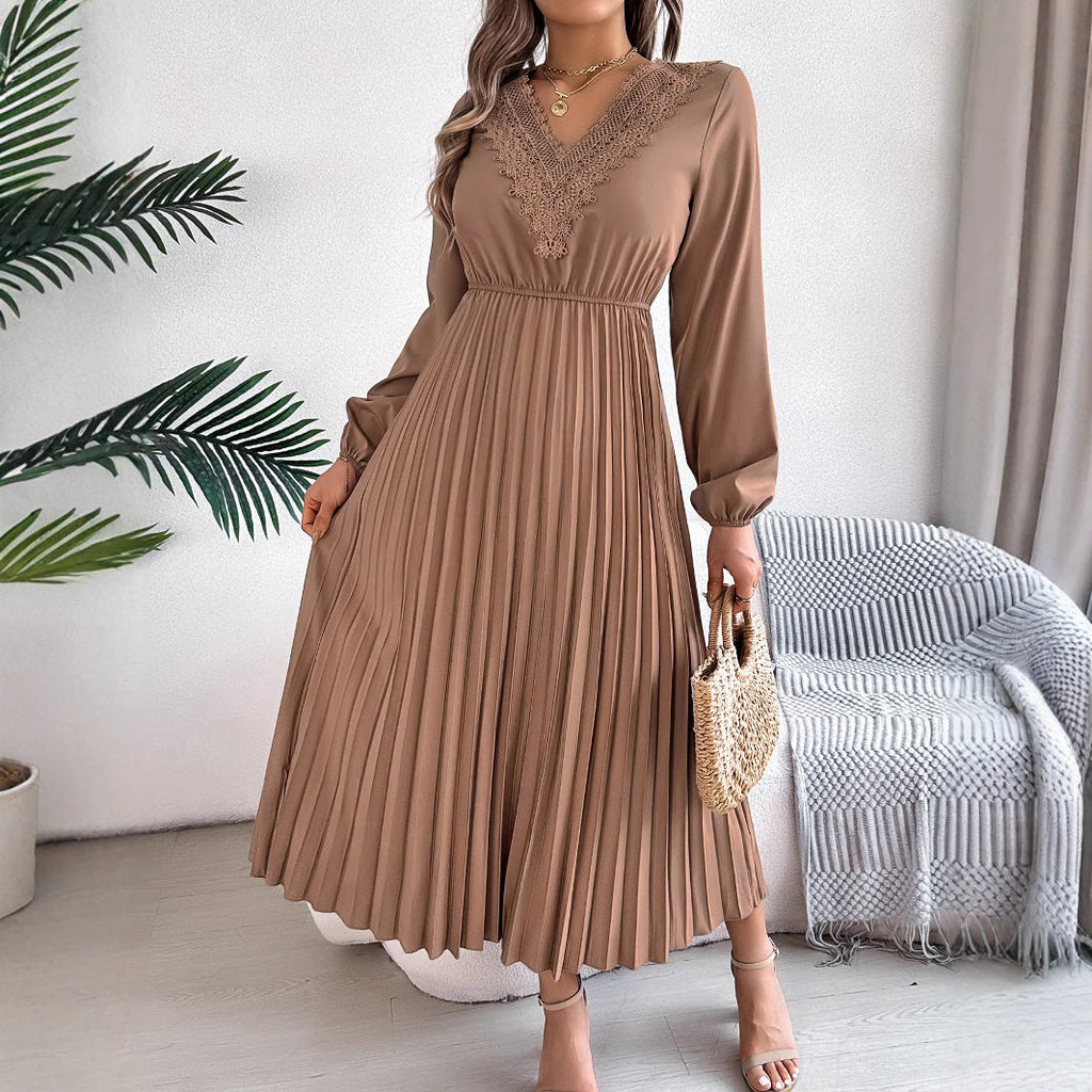 Frühling Sommer Elegantes V-Ausschnitt Spitzen Tailliertes Plissiertes Maxi Kleid Damenbekleidung
