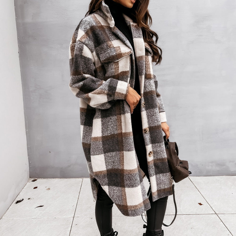Herbst Winter Langer Einreihiger Kragen Shacket Wollmantel