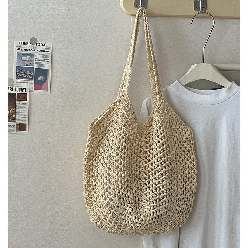 Freizeittasche mit großer Kapazität aus Baumwollfaden gewebt Hohl ausgestanzte Strohtasche Umhängetasche für die Freizeit Urlaub Strandtasche Damentasche