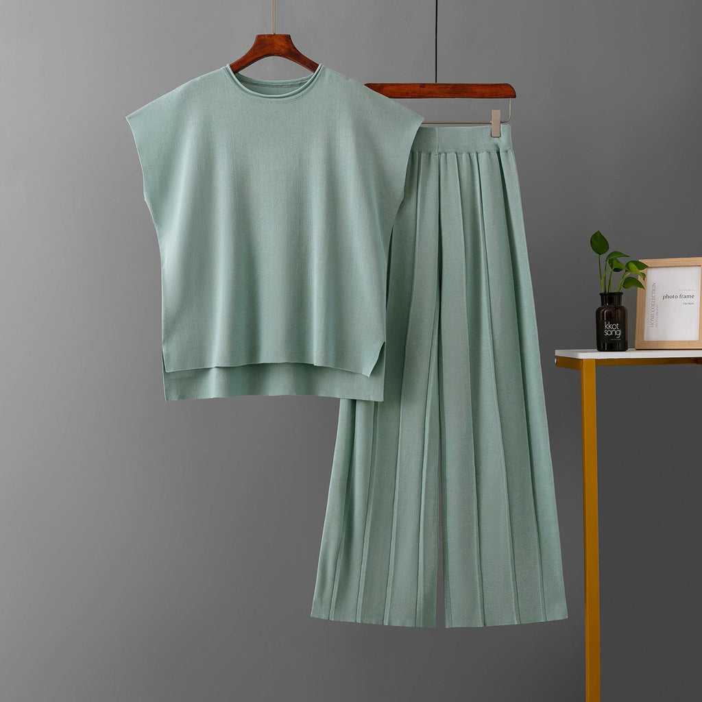 Lässiger Damen Sommer Einfarbig Ärmellos Weste Pullover Weite Hose Eisseide Sets