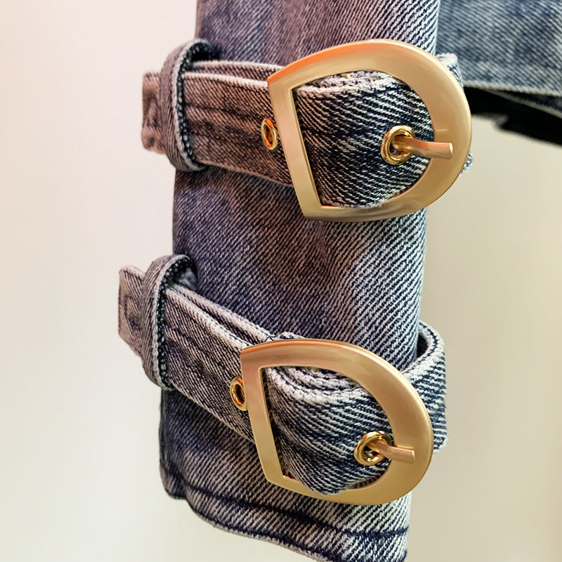 Damenmantel Löwenschnalle Schmaler Doppelreißverschluss Schräger Reißverschluss Gewaschene Jeans Motorradjacke