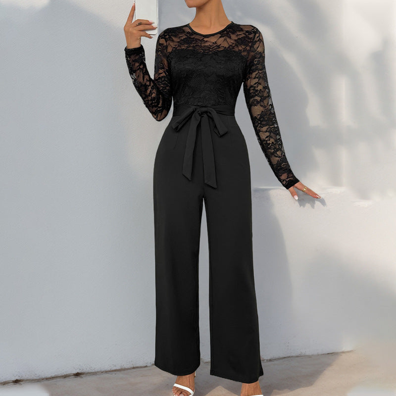Herbst-Jumpsuit mit Spitzenstickerei, Reißverschluss und Schnürung, unifarben