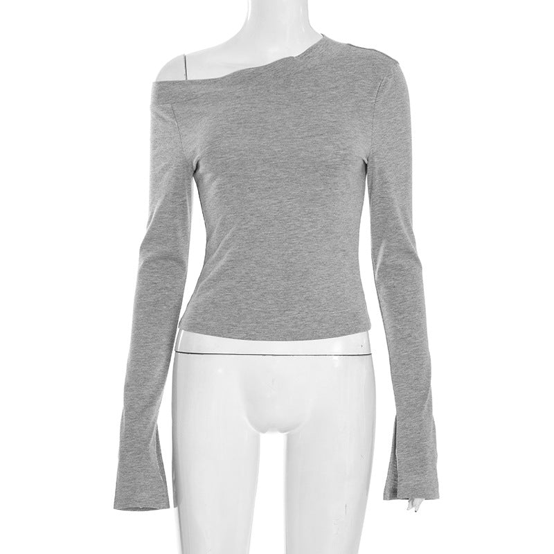 Women Clothing Autumn Winter Shoulder Slit Long-Sleeve T shirt