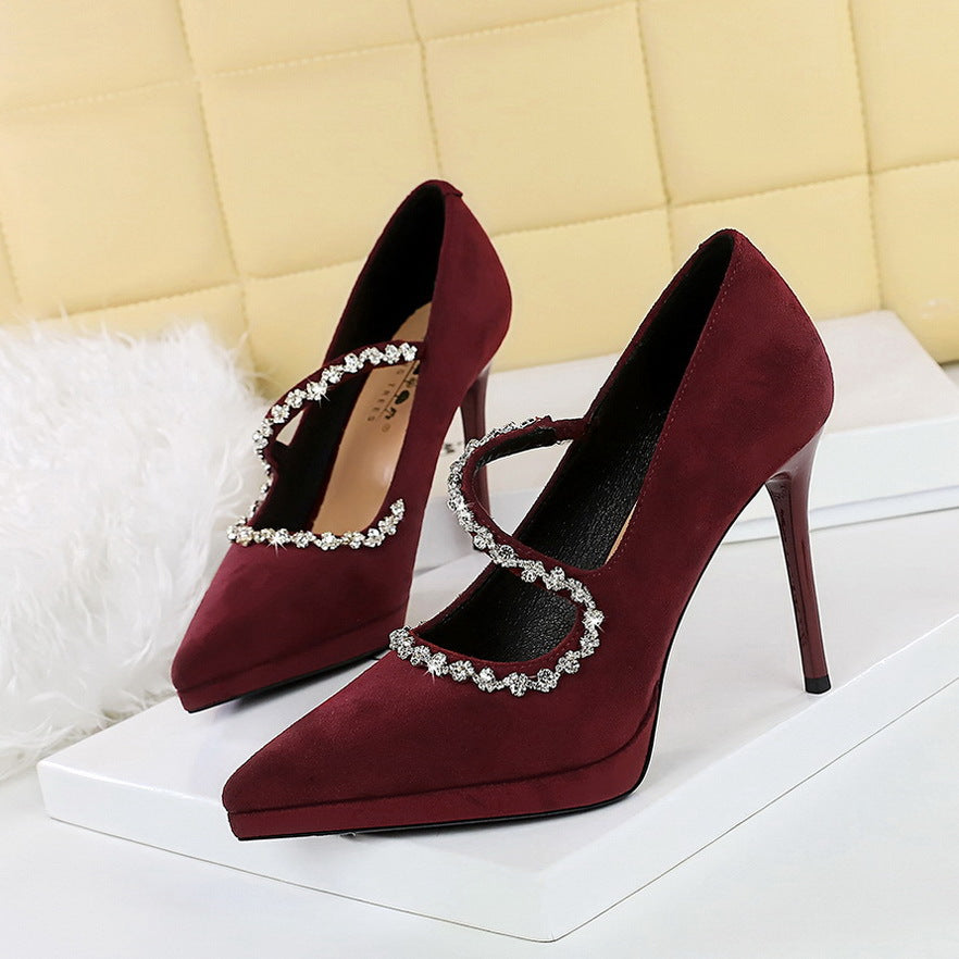 Cocktail High Heels Stiletto Low Cut Suede Pointed Toe Waterproof Platform Rhinestone Ankle Strap High Heel Pumps