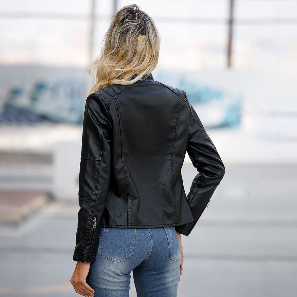 Women Jacket Women Slim Jacket Thin Spring Autumn Coat Women Motorcycle Clothing Stand Collar Faux Leather