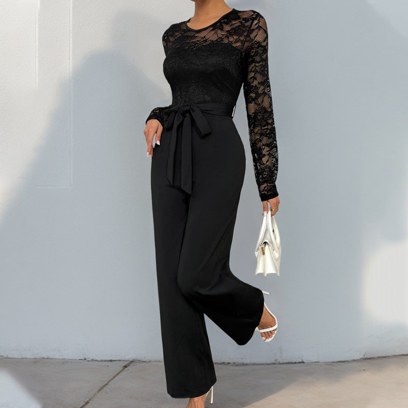 Herbst-Jumpsuit mit Spitzenstickerei, Reißverschluss und Schnürung, unifarben