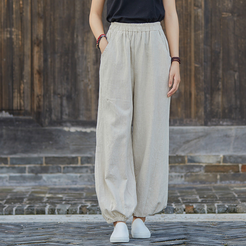 Frühjahr Sommer Baumwolle Leinen Damen Kleidung Retro Stonewashed Ramie Bambus Schnitt Freizeit Hose Damen Baumwolle Leinen Knickerbocker Yoga Hose