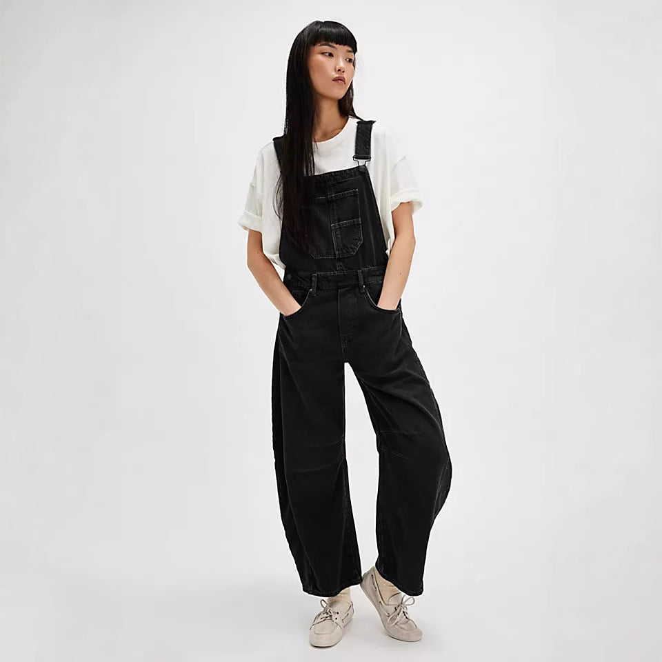 Street Washed Out Vintage Loose Straight Cargo Jeans Latzhose