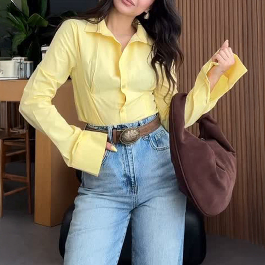 Women Clothing Autumn Elegant Solid Color Buttons Long Sleeve Shirt Top