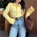 Women Clothing Autumn Elegant Solid Color Buttons Long Sleeve Shirt Top