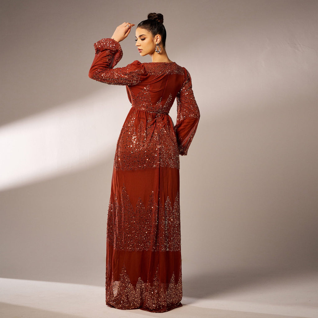High-End Langarm Elegantes V-Ausschnitt Sexy Langes Pailletten Cocktail Abendkleid Brautjungfernkleid Kleid Damen