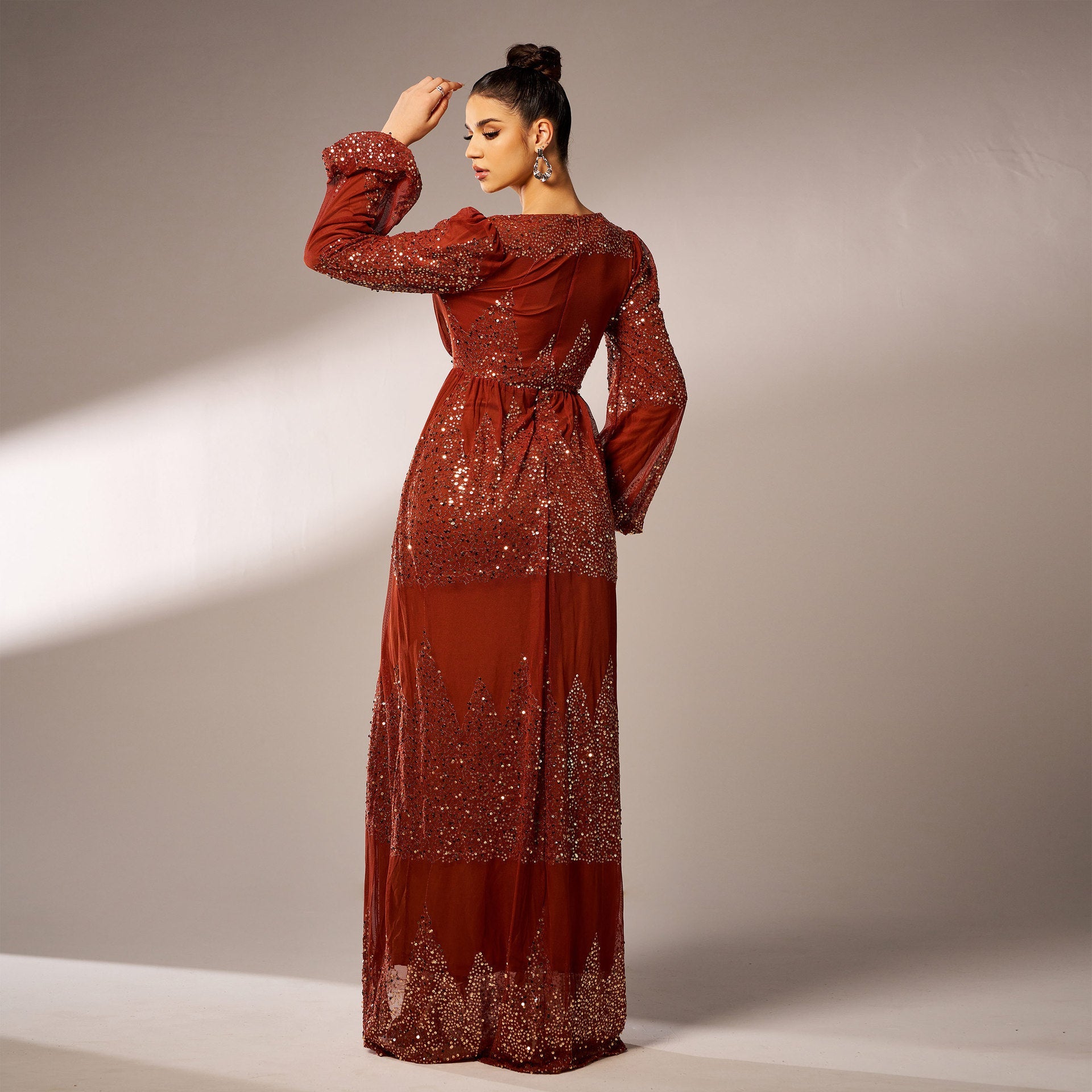 High-End Langarm Elegantes V-Ausschnitt Sexy Langes Pailletten Cocktail Abendkleid Brautjungfernkleid Kleid Damen