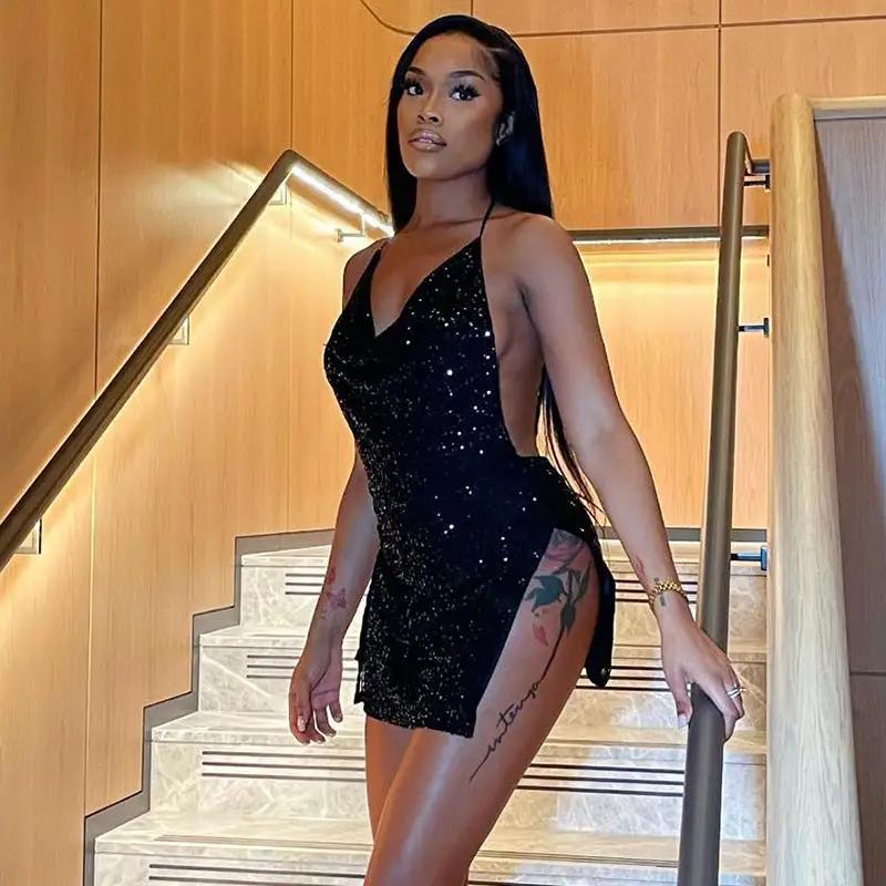 Fried Street Sexy Backless Hollow Out Cutout out Halter Slimming Short Women Dress by Wanita Store